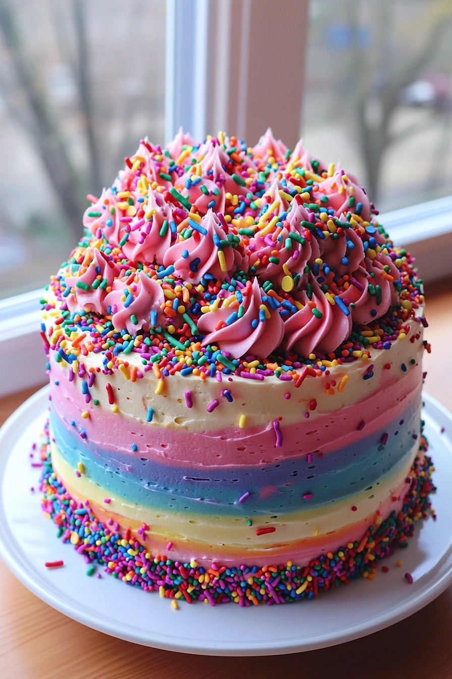 Funfetti Birthday Cake with Rainbow Buttercream and Sprinkles