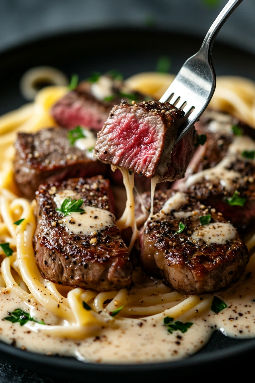 Garlic Pepper Steak Pasta with Creamy Parmesan Sauce