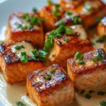 Grilled Salmon Cubes with Creamy Cheddar Sauce and Green Onions