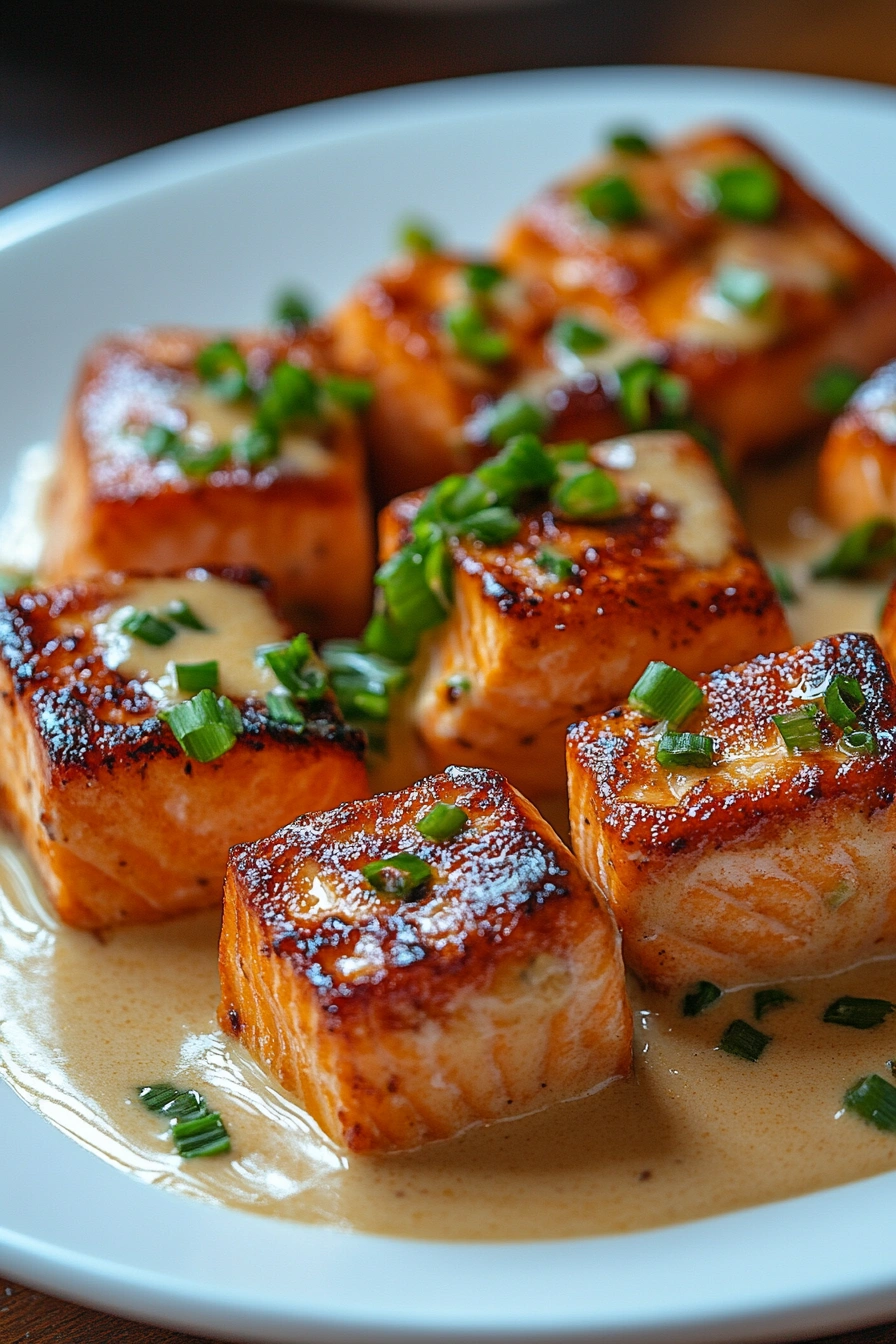 Grilled Salmon Cubes with Creamy Cheddar Sauce and Green Onions