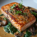 Pan-Fried Salmon with Mushrooms and Spinach in a Creamy Sauce