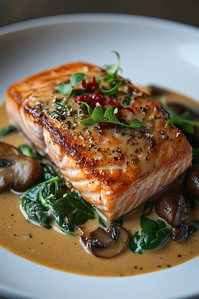 Pan-Fried Salmon with Mushrooms and Spinach in a Creamy Sauce