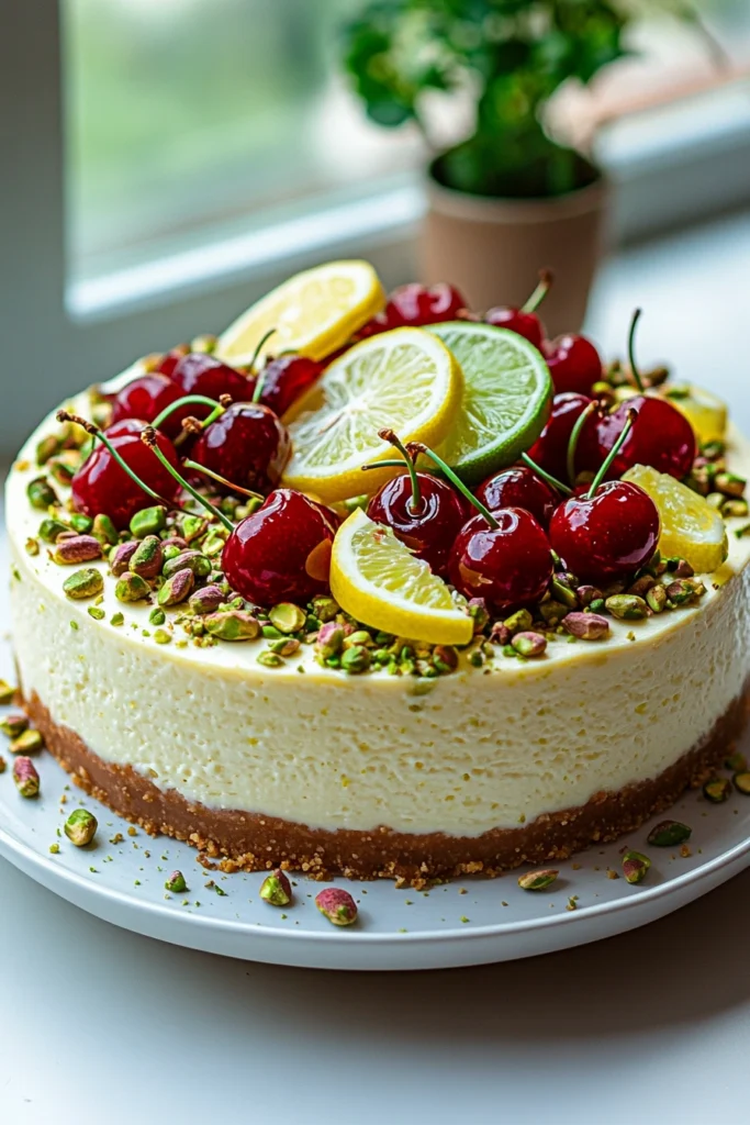 Pistachio and Cherry Cheesecake with Lemon and Lime