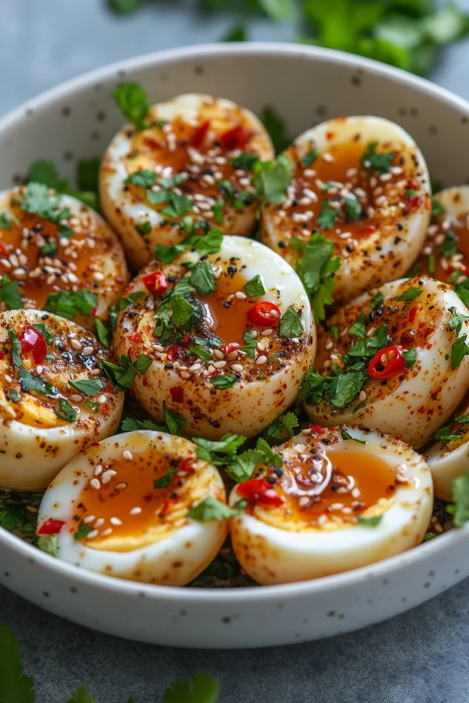 Spicy Chili Garlic Soy-Marinated Jammy Eggs