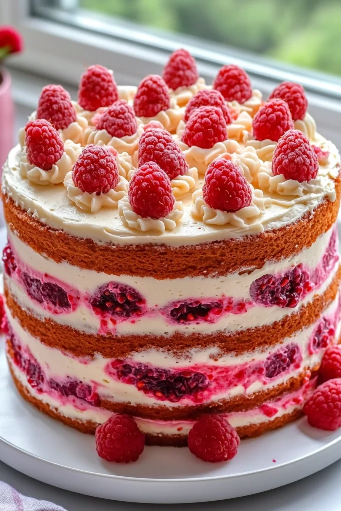 Vanilla Raspberry Swirl Birthday Cake with Cream Cheese Frosting