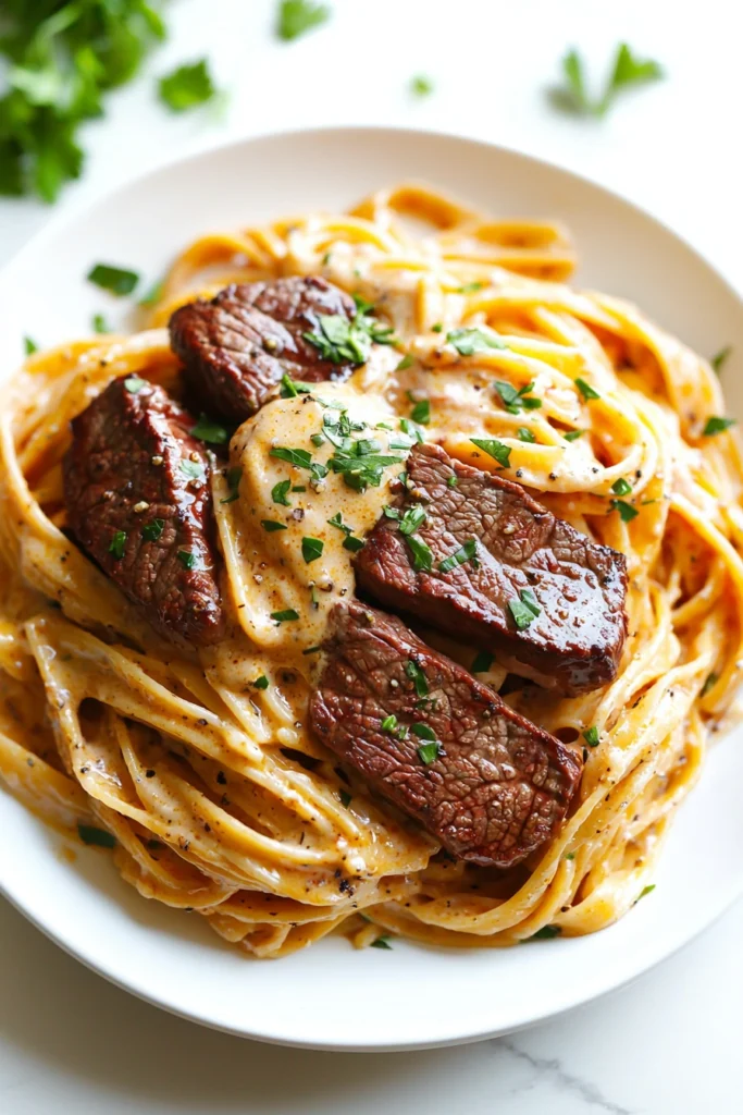 One-Pot Creamy Spicy Garlic Butter Steak & Pasta