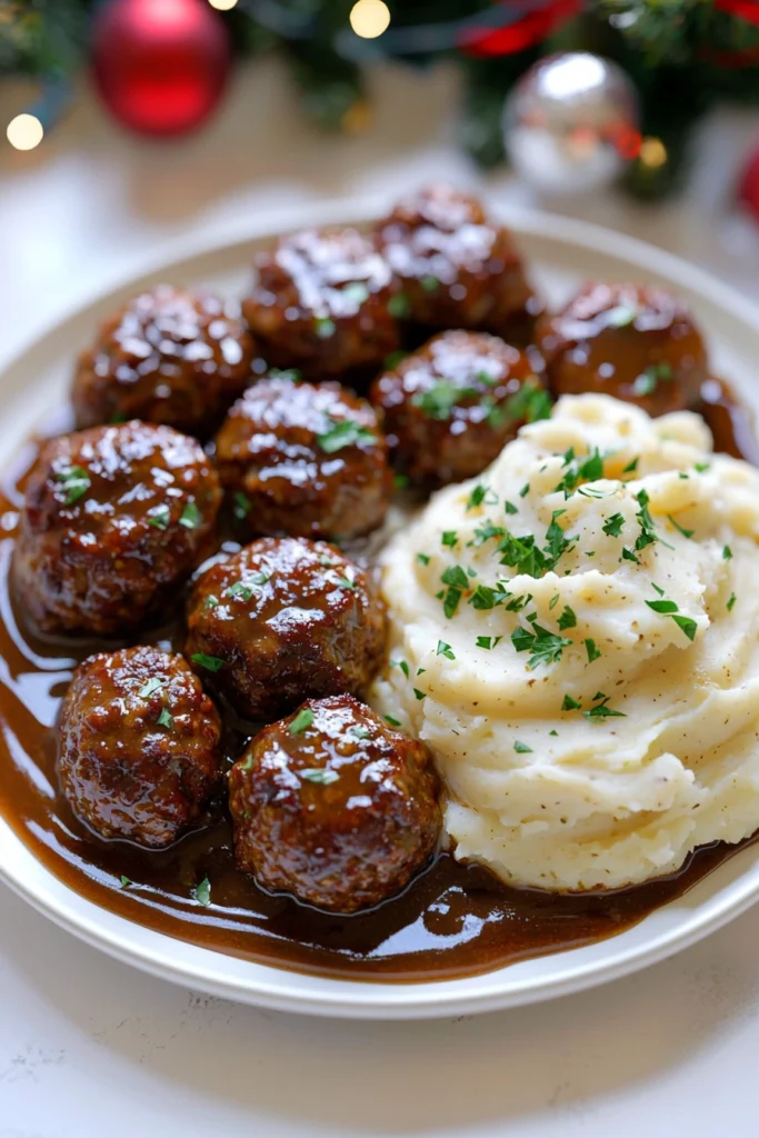 Salisbury Steak Meatballs with Garlic Herb Mashed Potatoes